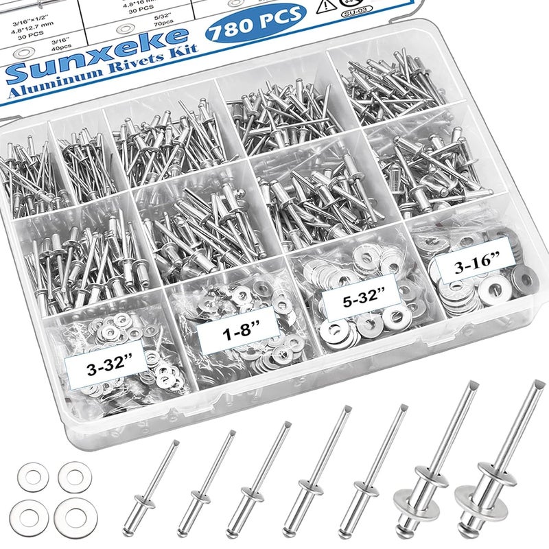 Sunxeke 780pcs Pop Rivets with Washers Assortment Kit,14 Sizes Pop Aluminum Rivets(3/32 1/8 5/32 3/16 1/4 inch) and 4 Sizes washers,Assorted Blind Rivets for DIY/Automotive Repairs/Furniture with Box - Image 1